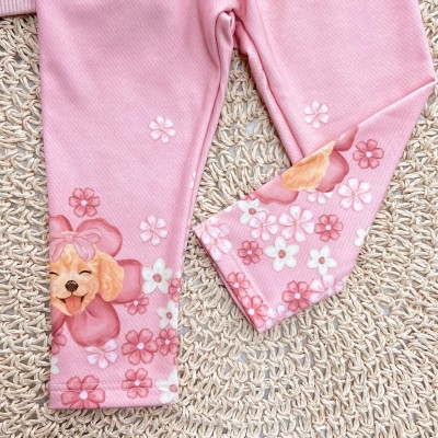 Conj. Casaco de Moletom Doguinha com Flores e Calça Legging - Rose